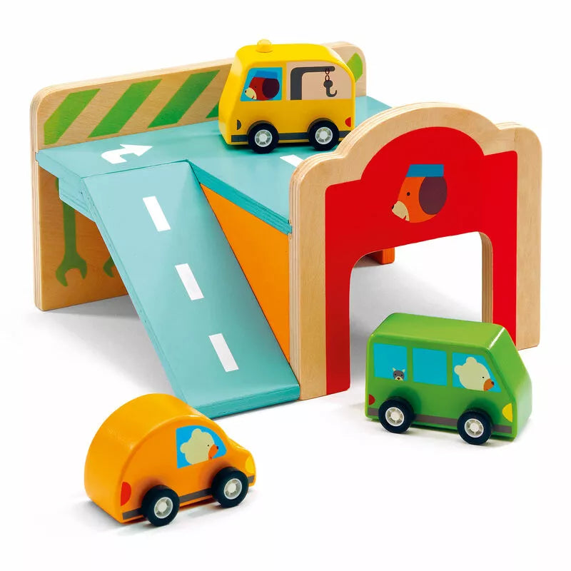 Djeco Minigarage - a wooden toy set with cars and a ramp.