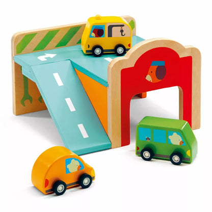 Djeco Minigarage - a wooden toy set with cars and a ramp.