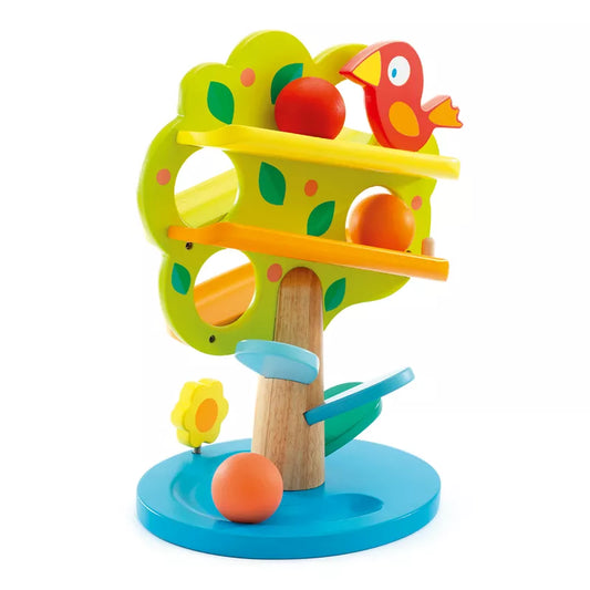A Djeco Sliding Toy Tac Boum Pom of a tree with a bird on top of it.
