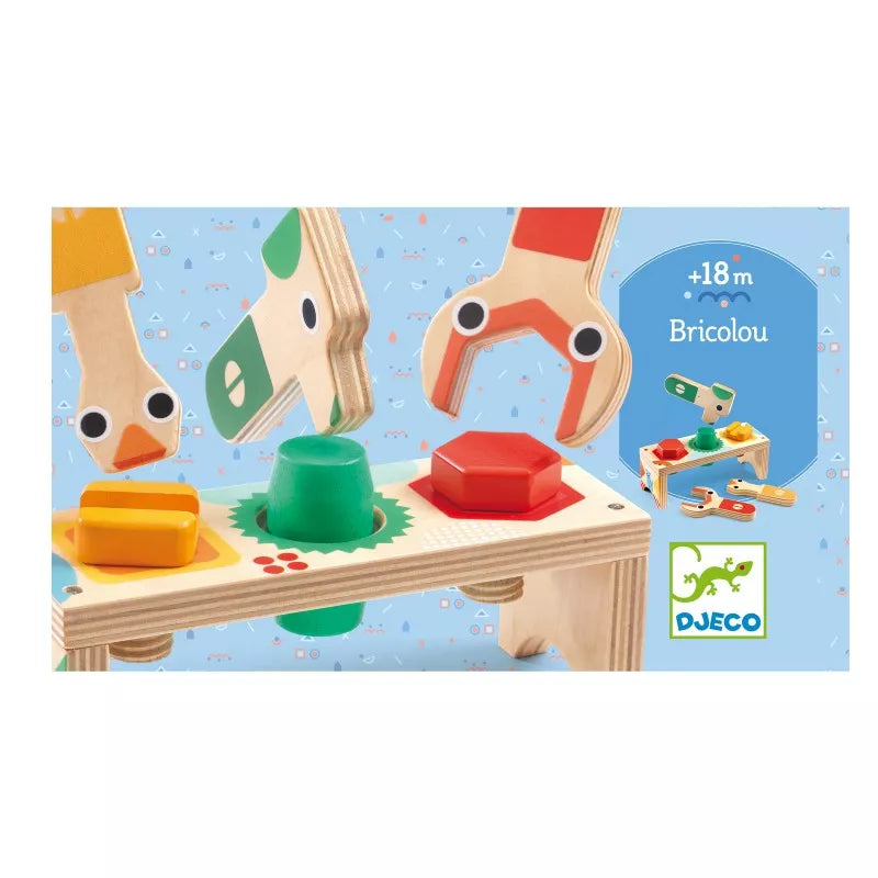 A picture of the Djeco Bricolou 1st Workbench wooden toy set.