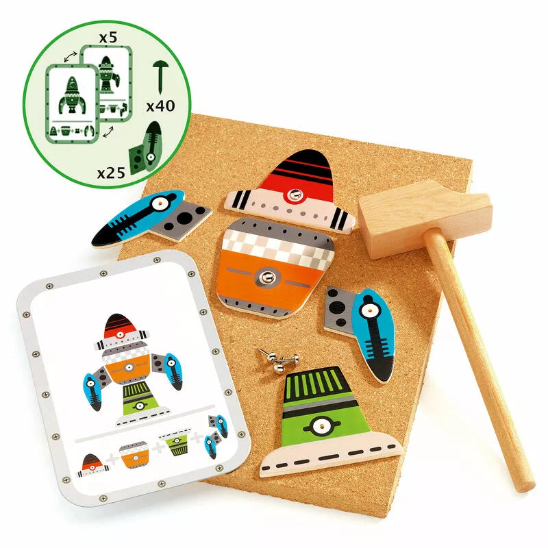 A Djeco Tap Tap Space wooden toy with a picture of a car and a pair of wooden pegs.