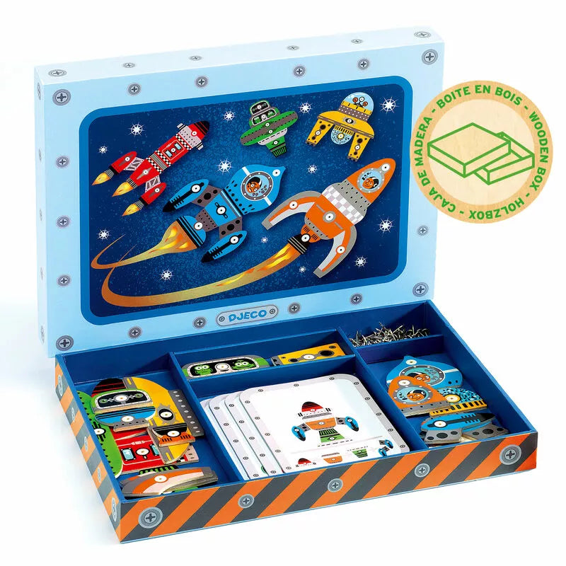 A blue Djeco Tap Tap Space box filled with magnets and magnets.