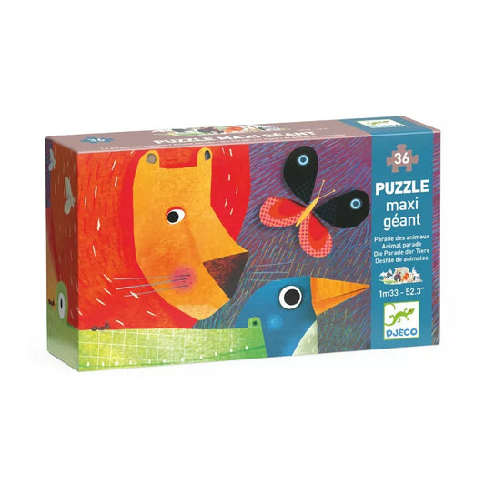 A Djeco Giant Puzzle Animal Parade 36pcs with a picture of a dog and a cat.