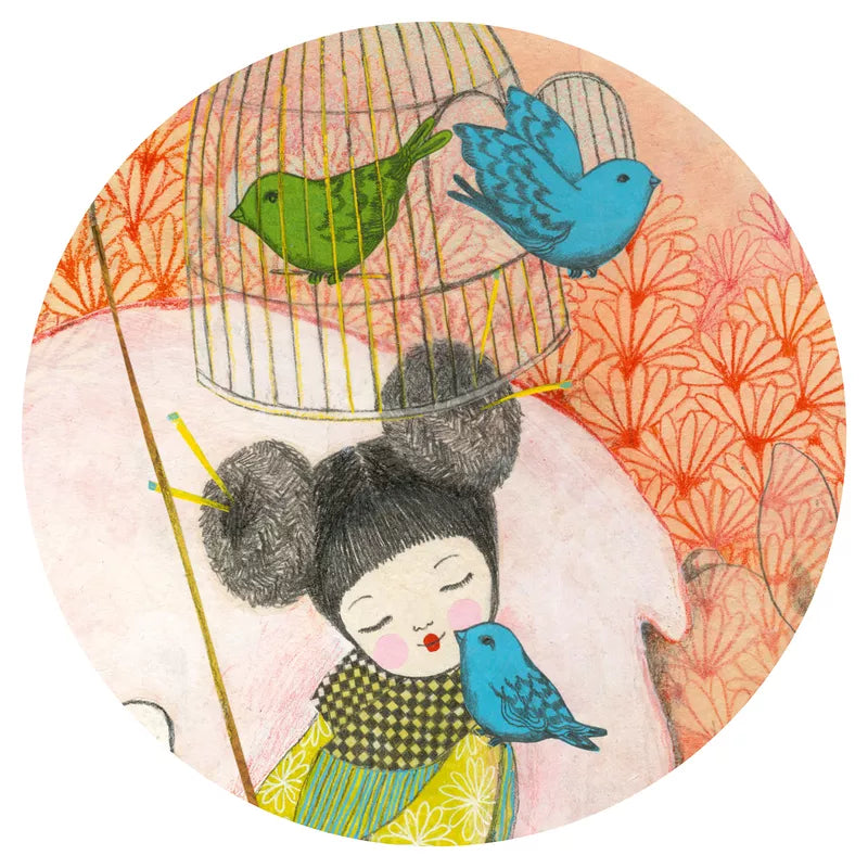 A drawing of a woman with a bird in a cage featuring Djeco Puzzle Kokeishi by Djeco.