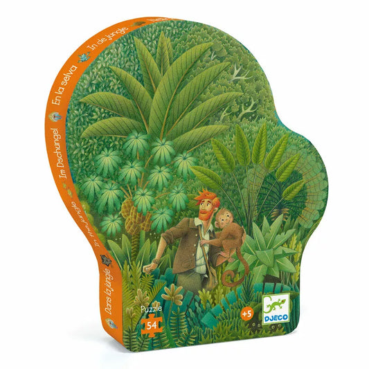 A Djeco Silhouette Puzzle In the Jungle with a picture of a man and a bear in it.