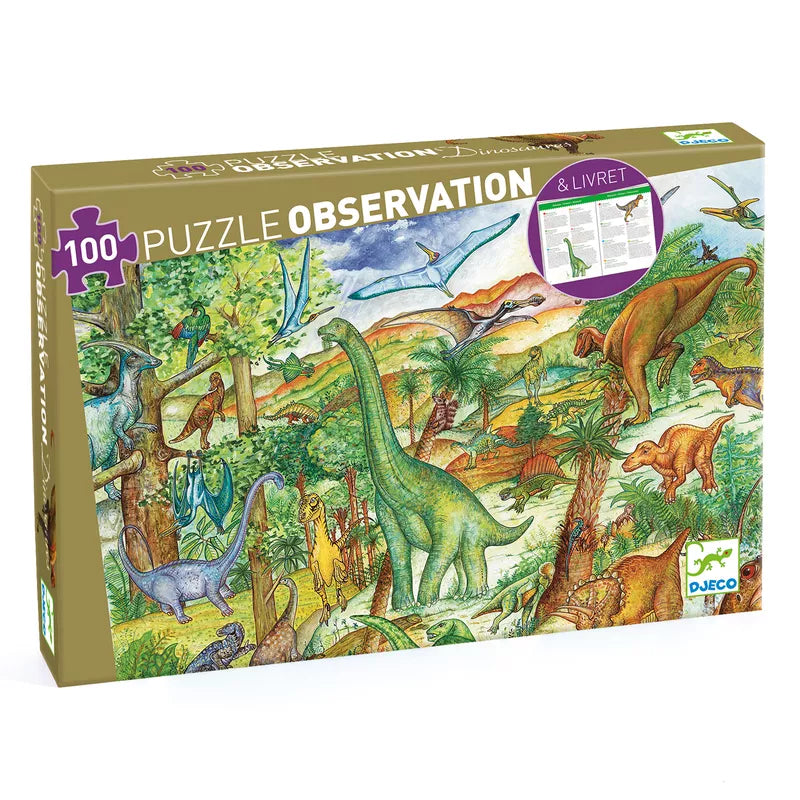A Djeco Observation Puzzle Dinosaurs with an image of dinosaurs.