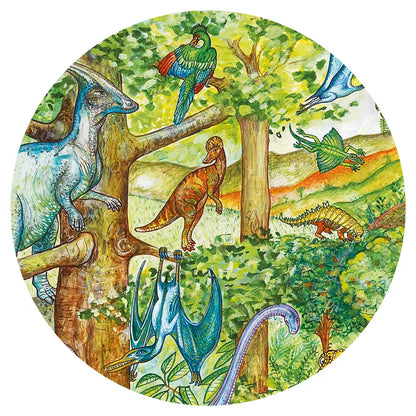 A Djeco Observation Puzzle Dinosaurs with birds in a forest.