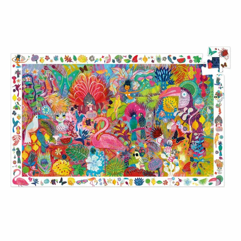 A colorful Djeco Puzzle Rio Carnaval with many different types of animals.