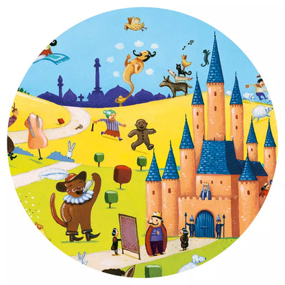 A Djeco Puzzle Tales - 54 pcs depicting a castle surrounded by animals.