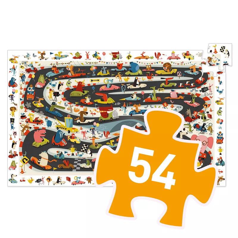 A Djeco Puzzle Car rally puzzle piece with the number 54 on it.