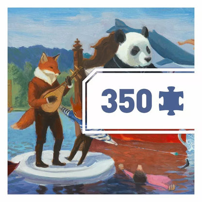 A painting of a man playing a guitar next to a panda bear.