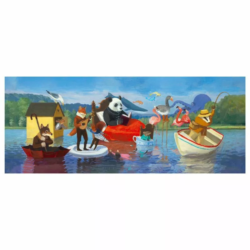 A Djeco Puzzle Summer Lake depicting a group of animals on a boat.
