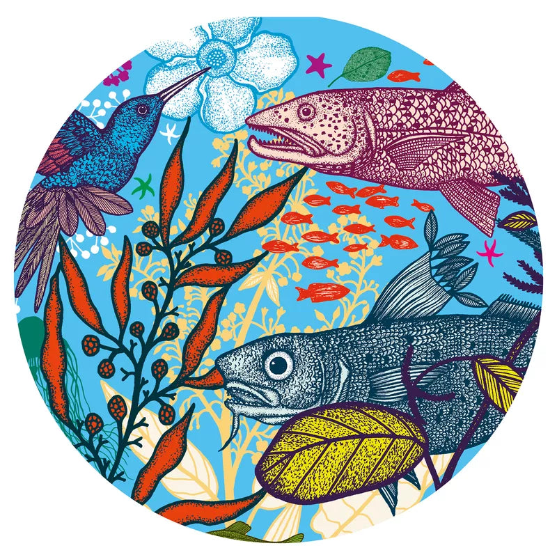 A Djeco Gallery Puzzle Land and Sea 1000 pcs of fish and plants on a blue background.