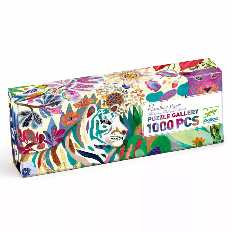 A colorful Djeco Rainbow Tigers 1000pcs Puzzle box with a zebra on it.