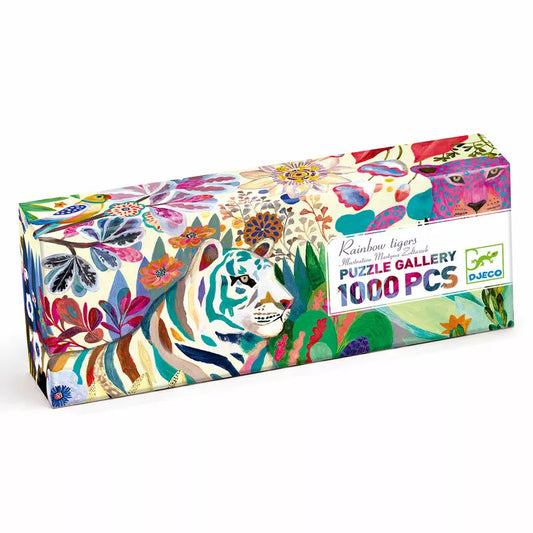 A colorful Djeco Rainbow Tigers 1000pcs Puzzle box with a zebra on it.