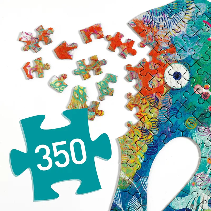 A piece of Djeco Puzz'Art Sea Horse puzzle with the number 350 on it.