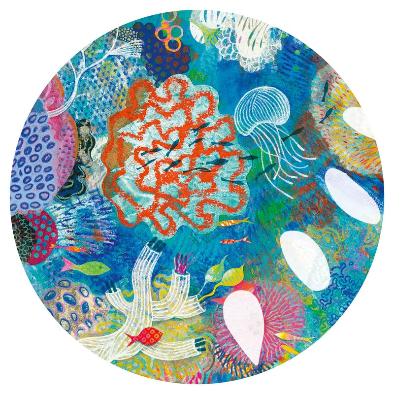A circular picture of a colorful coral reef featuring the Djeco Puzz'Art Sea Horse by Djeco.