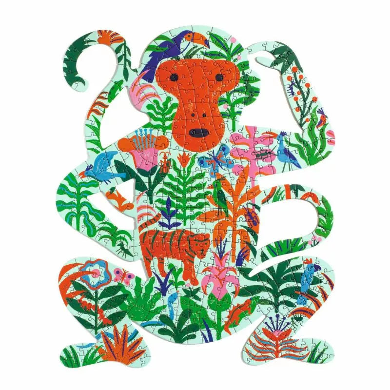 A drawing of a Djeco Puzz’Art Monkey surrounded by tropical plants, created by Djeco.