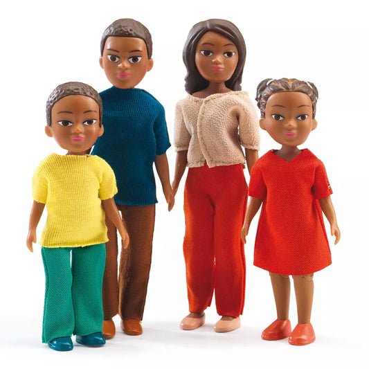 A group of Djeco Dollhouse Accessory Family - Milo and Lila dolls standing next to each other.