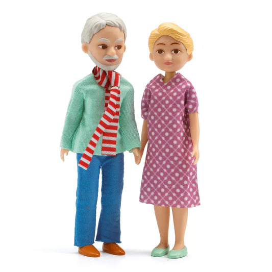A couple of Djeco Dollhouse Accessory Grandparents standing next to each other.