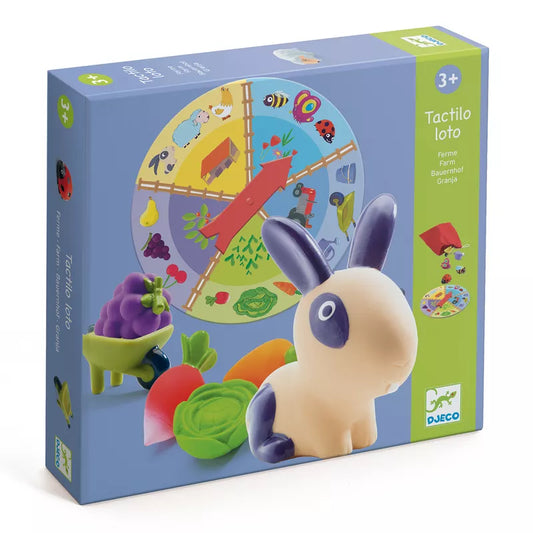 A picture of the Djeco Tactile Loto Farm toy rabbit in a box by Djeco.