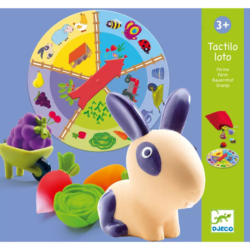 A picture of a Djeco Tactile Loto Farm toy with a rabbit in front of it.