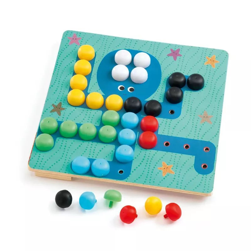 A Djeco wooden board with different colored beads on it.