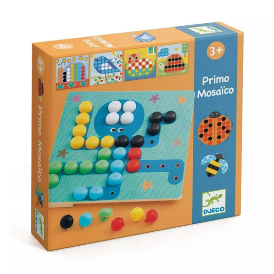A picture of Djeco Primo Mosaico puzzle board in a Djeco box.