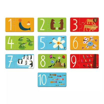 A set of Djeco wooden animal and number puzzles.