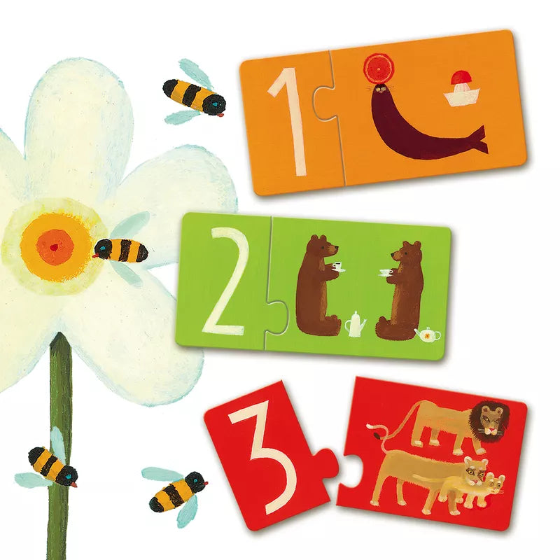A picture of a flower and some numbers, featuring the Djeco Numbers Puzzle Duo.