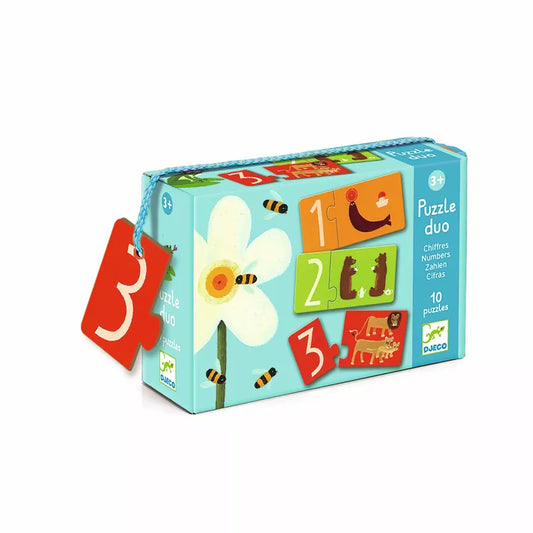 A Djeco Numbers puzzle duo box with a flower and numbers on it.