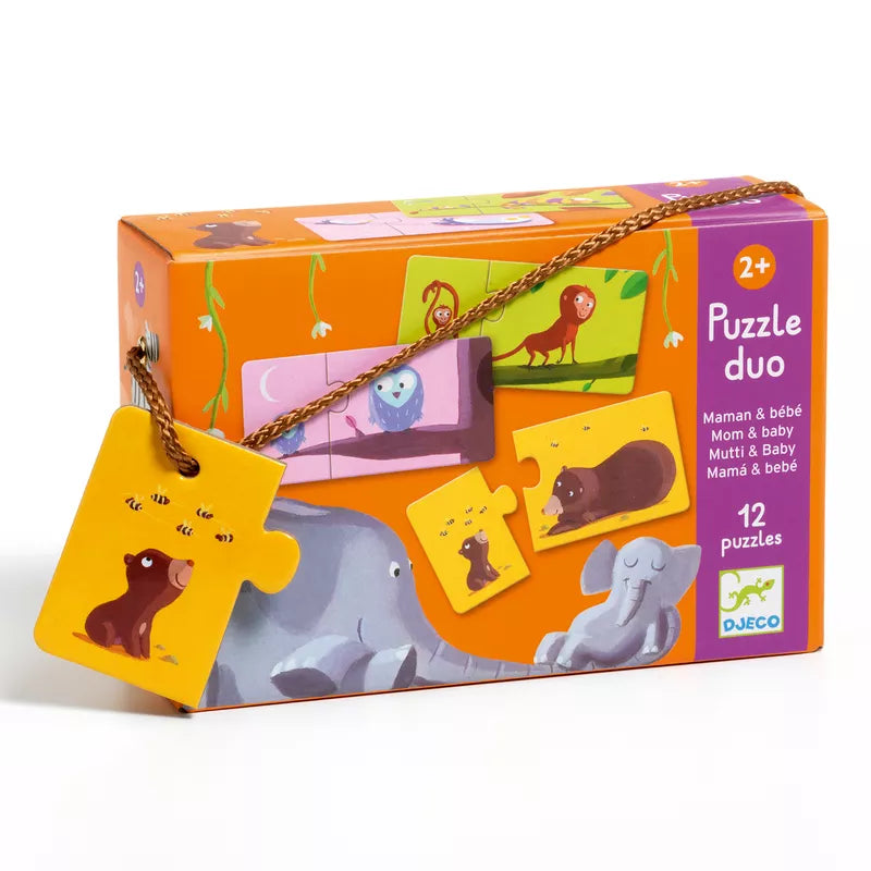 A Djeco Mom and baby Puzzle wooden puzzle box with animals on it.
