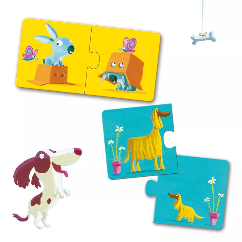 Four Djeco Puzzles Duo Opposites with dogs and flowers on them.