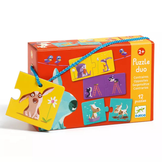 A box of Djeco Puzzles Duo Opposites with pictures of animals.