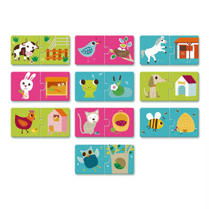A group of Djeco Puzzle Habitat wooden puzzles with animals on them.