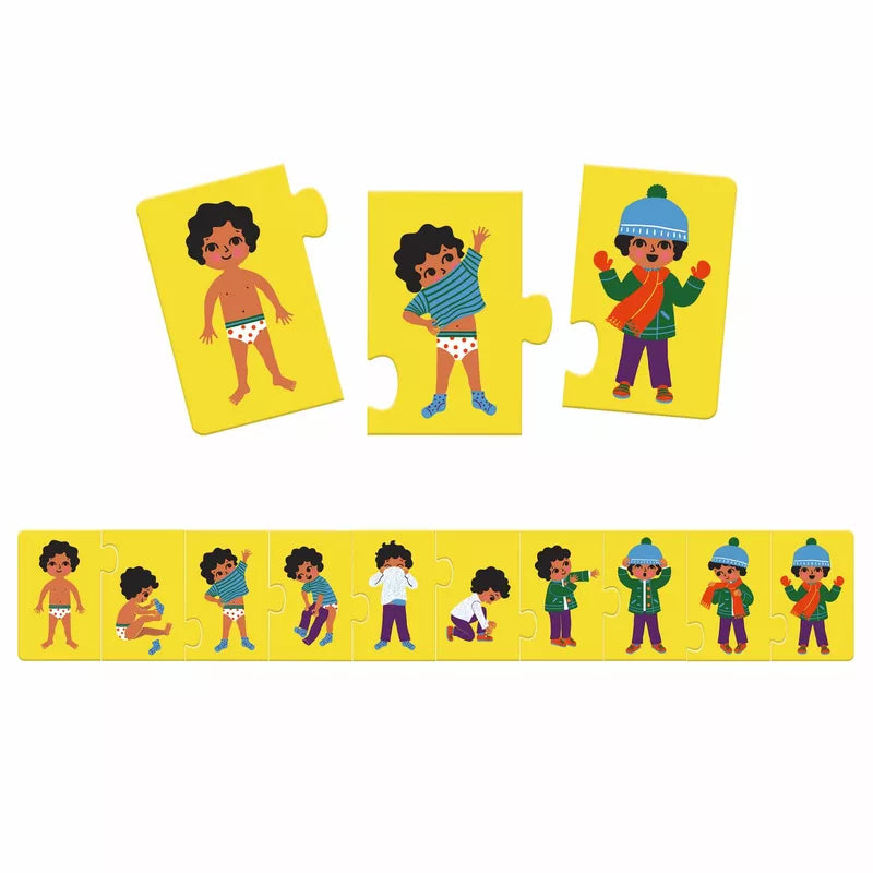 A set of four Djeco Puzzle I'm dressing up puzzle pieces with children on them.