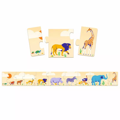 A picture of a Djeco Puzzle Small and Big with animals on it.