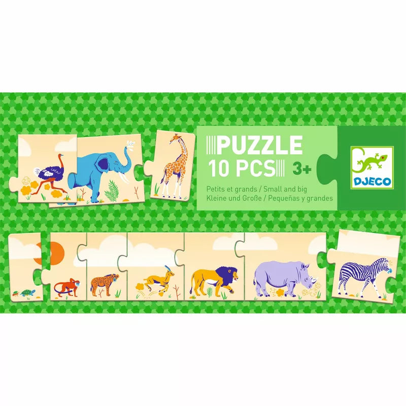 A picture of a Djeco Puzzle Small and Big with animals on it.