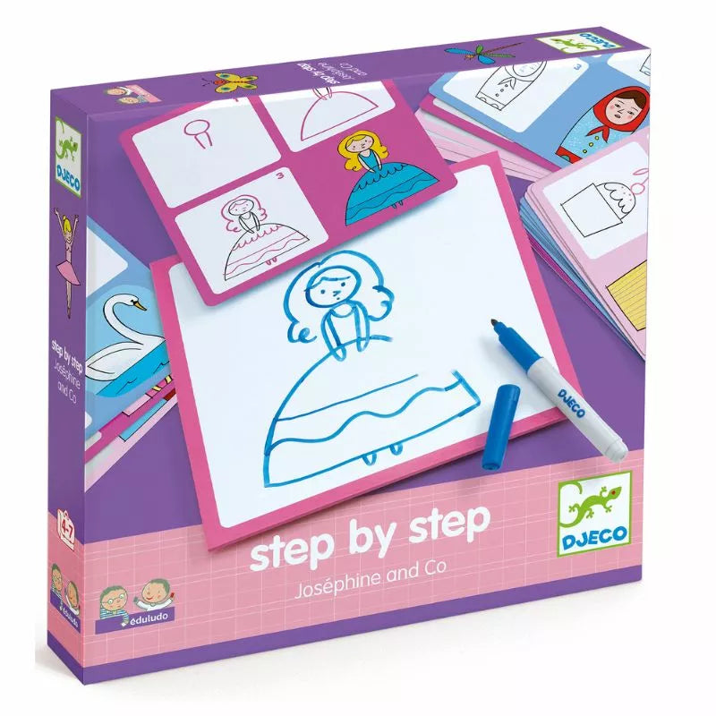 A Djeco Step by step Joséphine and Co children's drawing book with a picture of a girl on it.