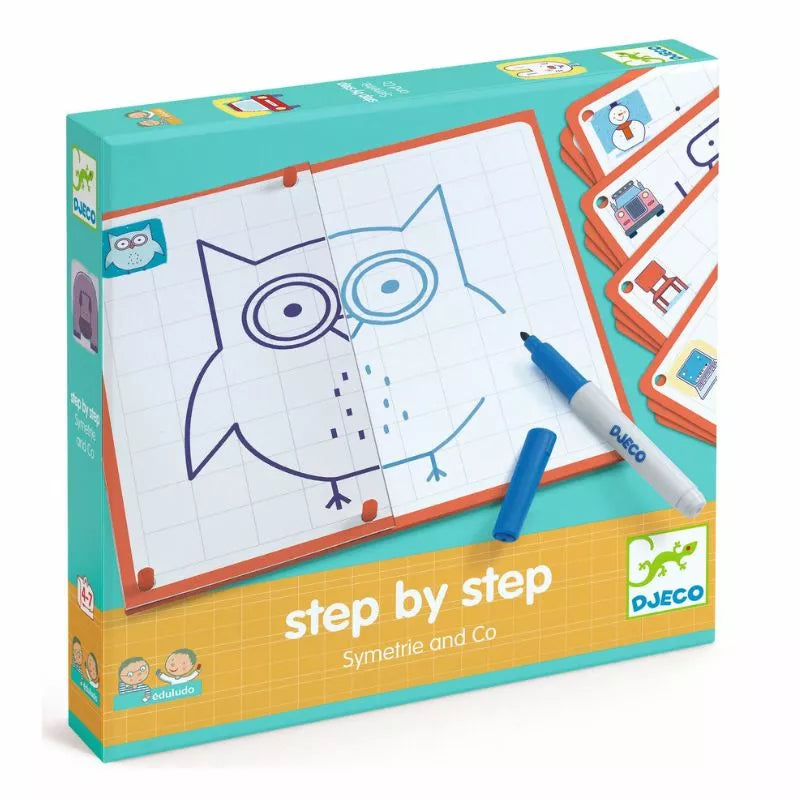 A Djeco Step by Step Symetrie and Co box with a picture of an owl drawn on it.