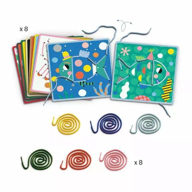 A set of four Djeco Dot-to-Dot Lacing cards with different designs on them.