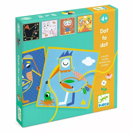 A Djeco Dot-to-Dot Lacing box with a picture of a bird on it.