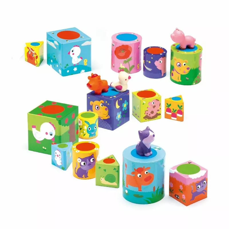 A group of colorful Djeco Ludanimo Game Pack wooden toys sitting on top of each other.