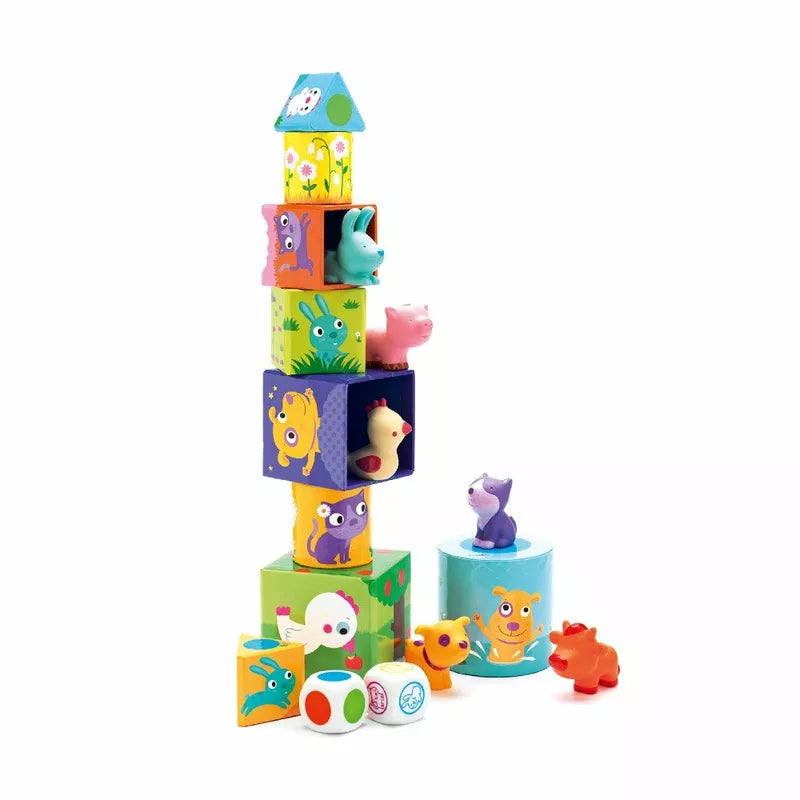 A Djeco Ludanimo Game Pack, which is a stacking toy with animals and other toys.