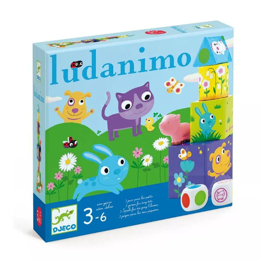 A picture of a Djeco Ludanimo Game Pack puzzle box with animals on it.