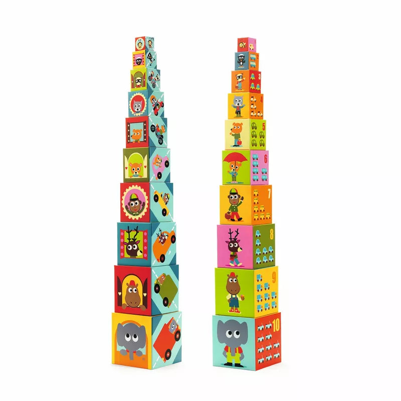 A couple of colorful Djeco Vehicles Stacking Blocks sitting on top of each other.
