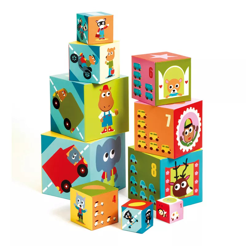 A stack of Djeco Vehicles Stacking Blocks with cartoon characters on them.