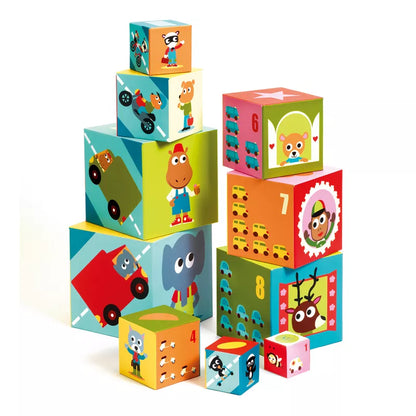 A stack of Djeco Vehicles Stacking Blocks with cartoon characters on them.