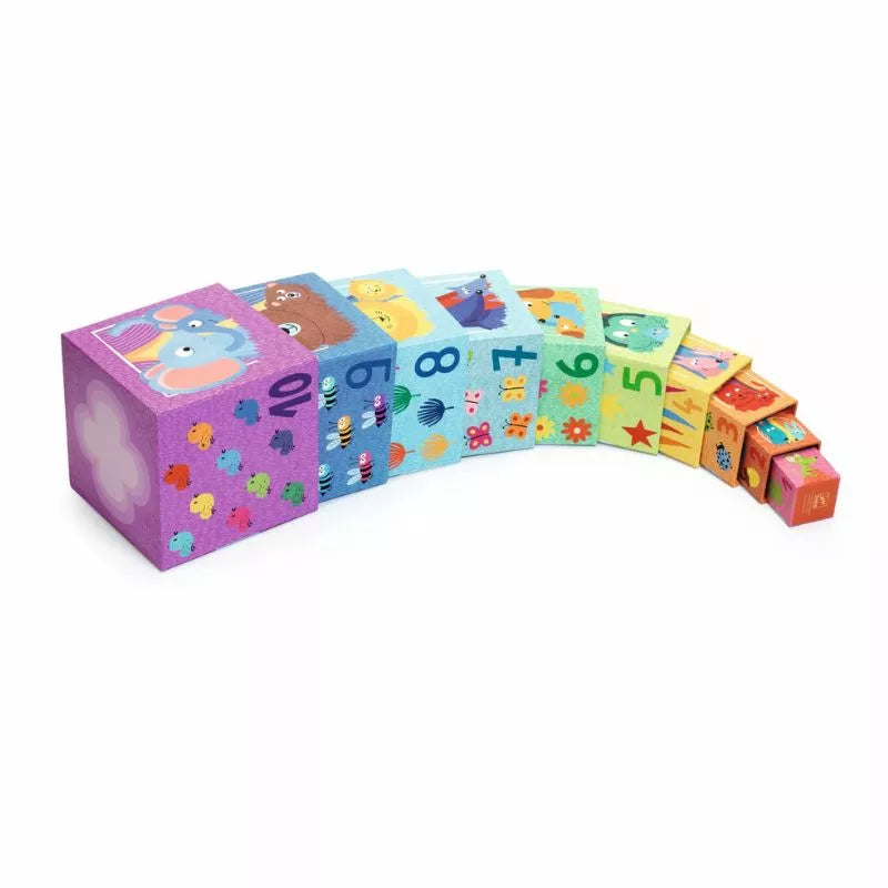A stack of Djeco Blocks Rainbow with numbers and animals on them.