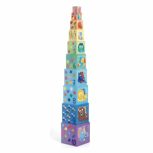 A Djeco Blocks Rainbow tower with numbers and animals on it.